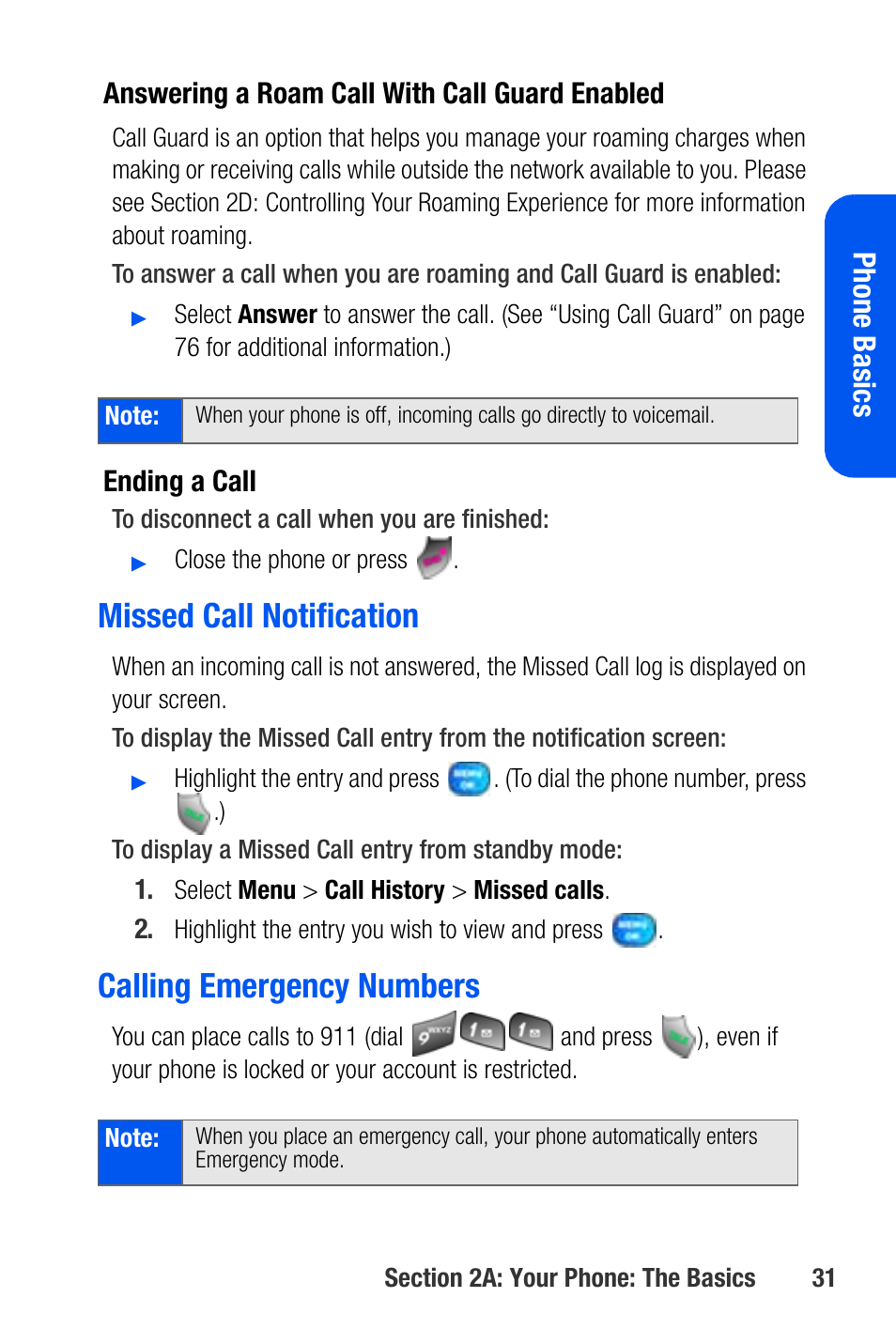 Missed call notification, Calling emergency numbers, Phone basics | Samsung SEPA920WSAQST User Manual | Page 53 / 246