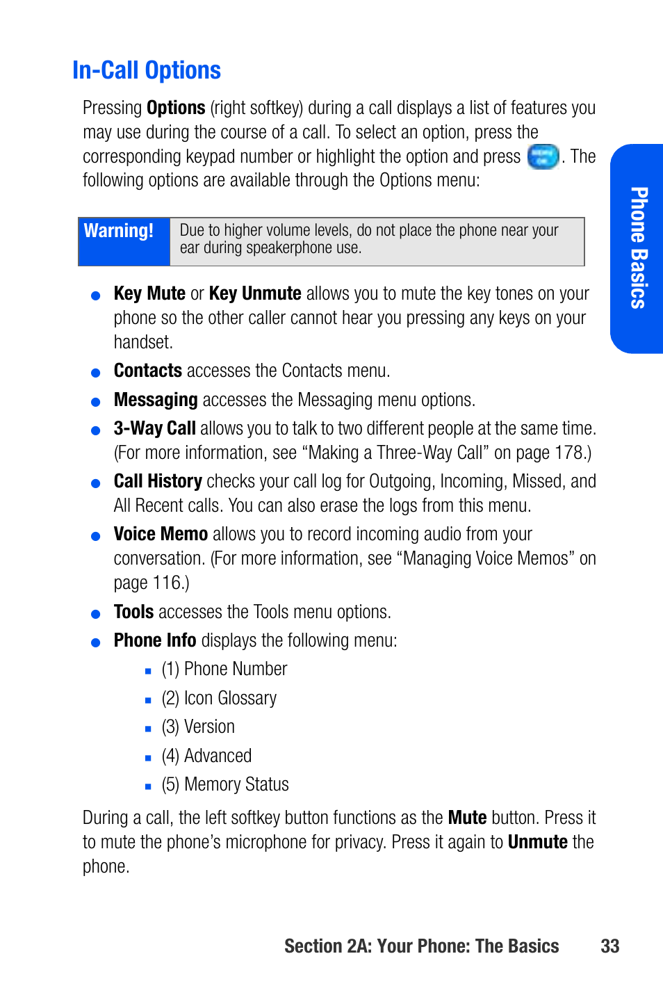 In-call options, Phone basics, Contacts accesses the contacts menu | Messaging accesses the messaging menu options, Tools accesses the tools menu options, Phone info displays the following menu, 1) phone number, 2) icon glossary, 3) version, 4) advanced | Samsung SEPA920WSAQST User Manual | Page 55 / 246