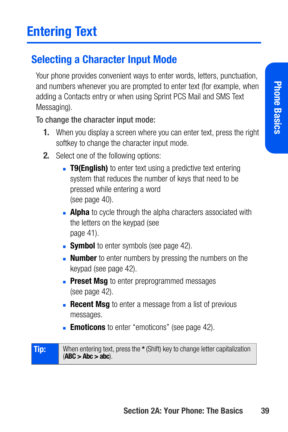 Entering text, Selecting a character input mode, Phone basics | Samsung SEPA920WSAQST User Manual | Page 61 / 246