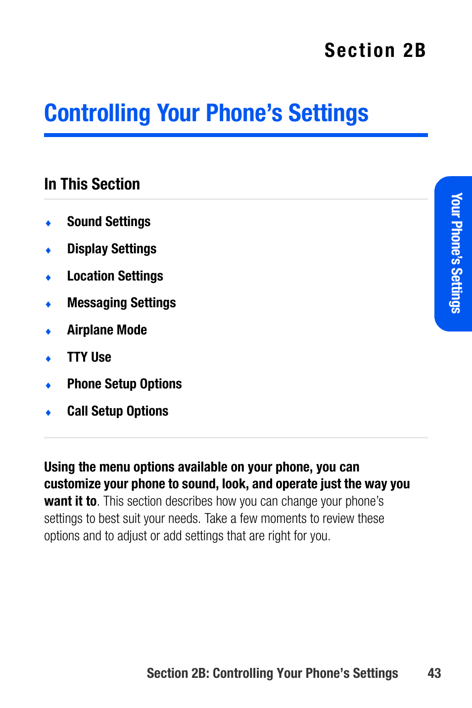 Controlling your phone’s settings, 2b. controlling your phone’s settings, Your p hone’ s settings | Samsung SEPA920WSAQST User Manual | Page 65 / 246