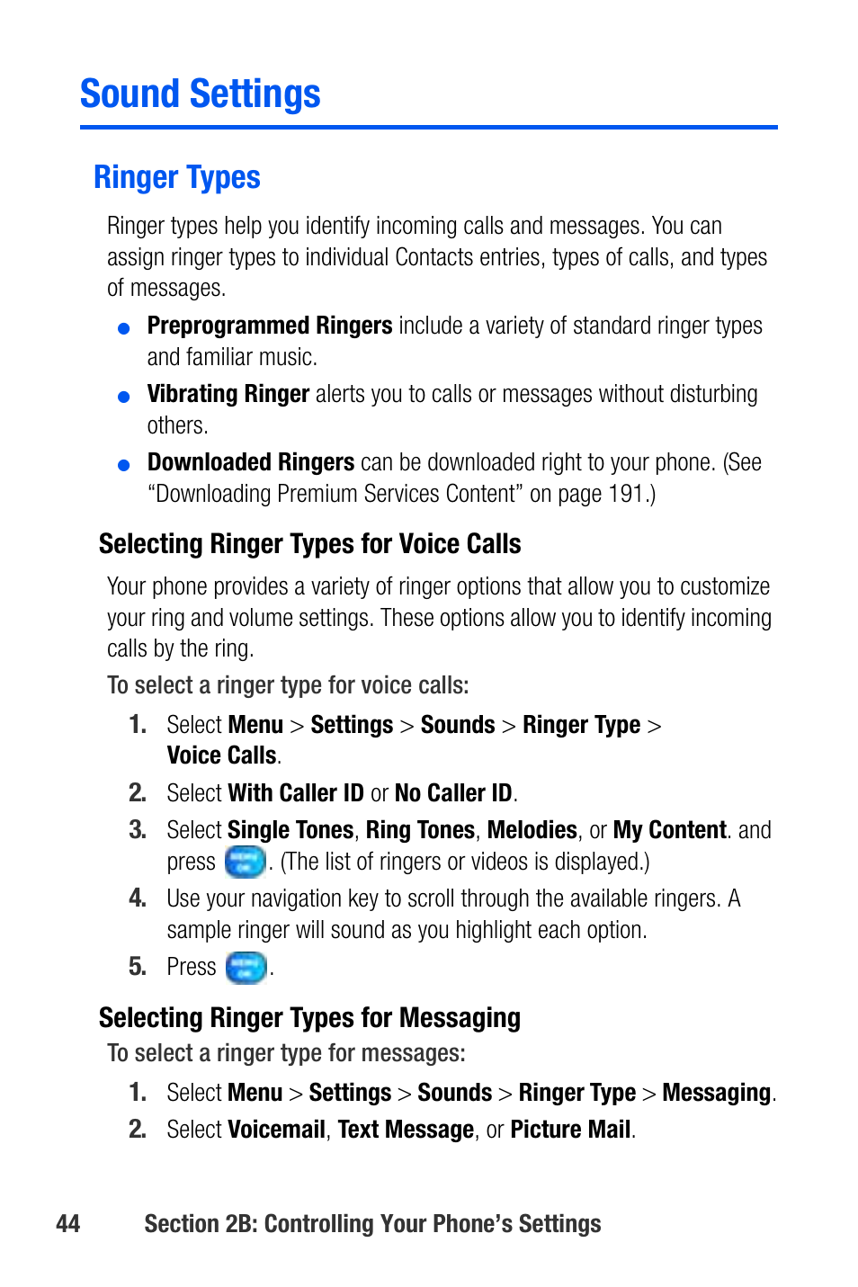 Sound settings, Ringer types | Samsung SEPA920WSAQST User Manual | Page 66 / 246