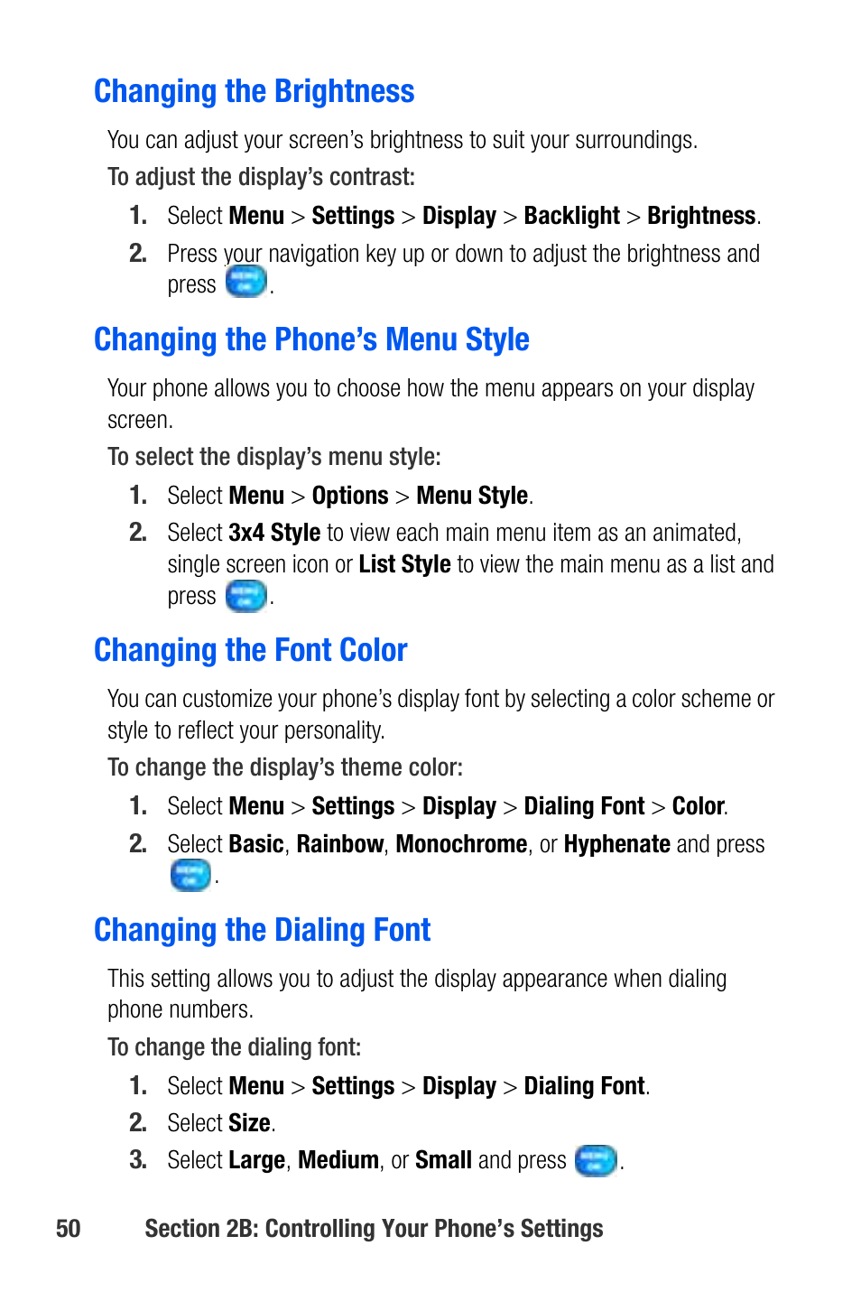 Changing the brightness, Changing the phone’s menu style, Changing the font color | Changing the dialing font | Samsung SEPA920WSAQST User Manual | Page 72 / 246