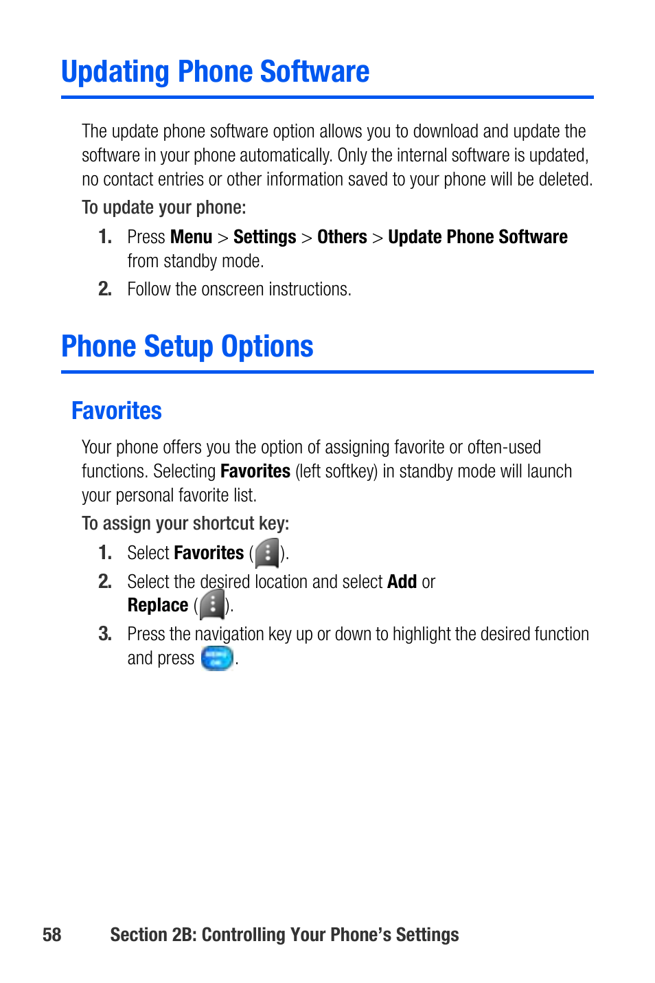 Updating phone software, Phone setup options, Favorites | Samsung SEPA920WSAQST User Manual | Page 80 / 246