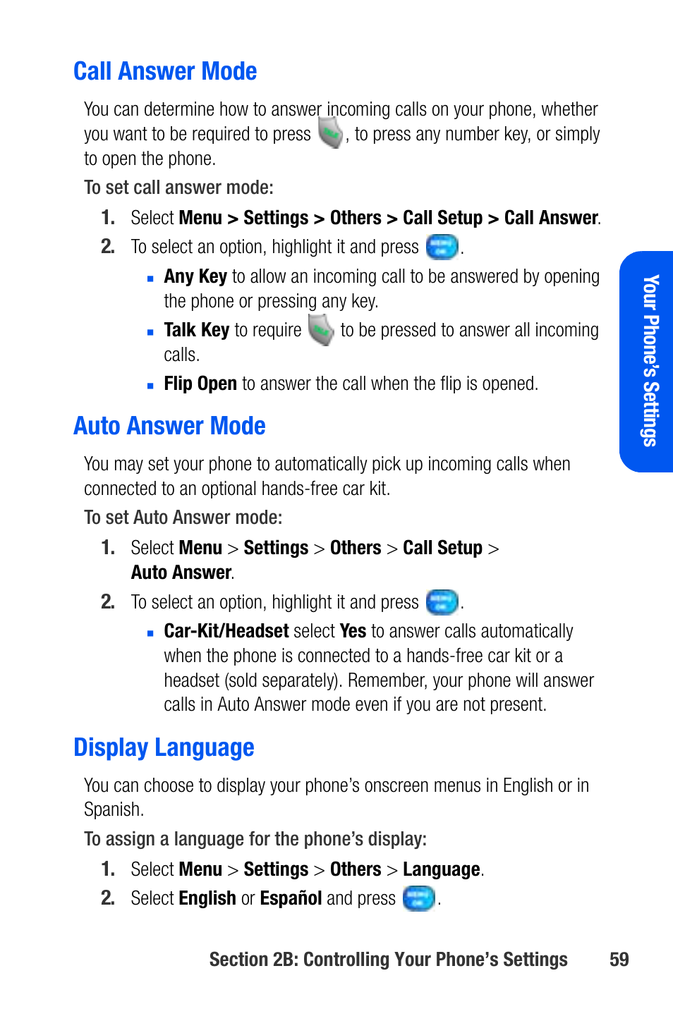 Call answer mode, Auto answer mode, Display language | Samsung SEPA920WSAQST User Manual | Page 81 / 246