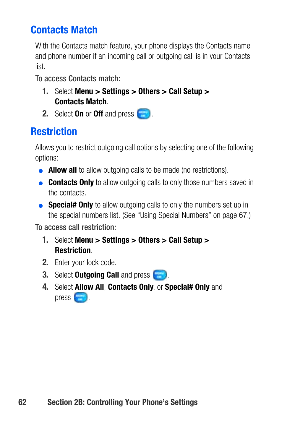 Contacts match, Restriction | Samsung SEPA920WSAQST User Manual | Page 84 / 246