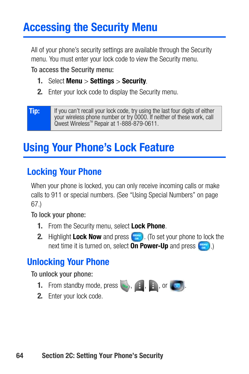 Accessing the security menu, Using your phone’s lock feature, Locking your phone | Unlocking your phone | Samsung SEPA920WSAQST User Manual | Page 86 / 246