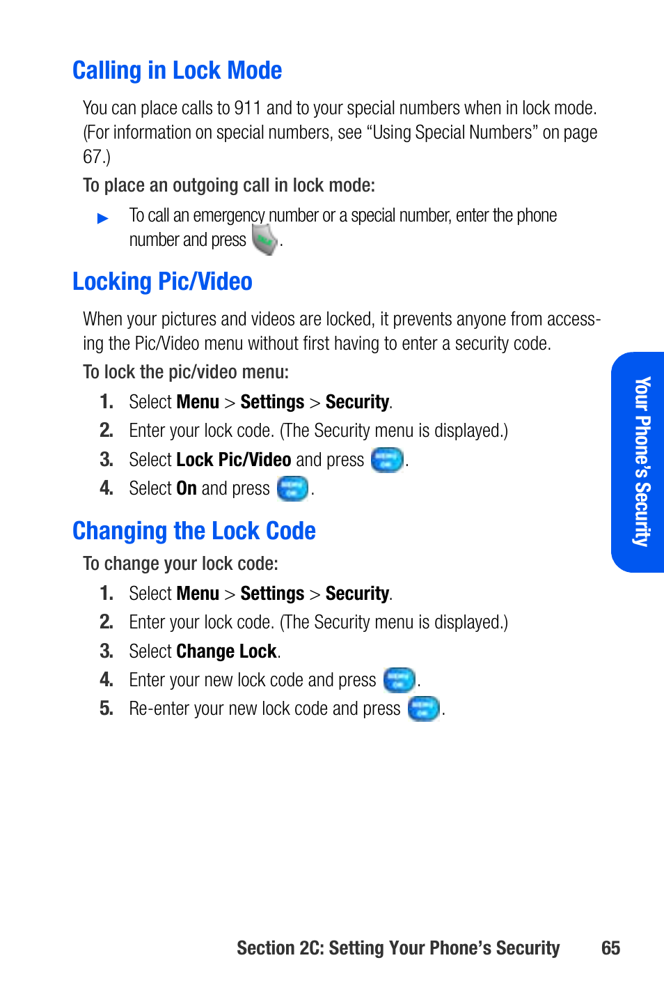 Calling in lock mode, Locking pic/video, Changing the lock code | Samsung SEPA920WSAQST User Manual | Page 87 / 246