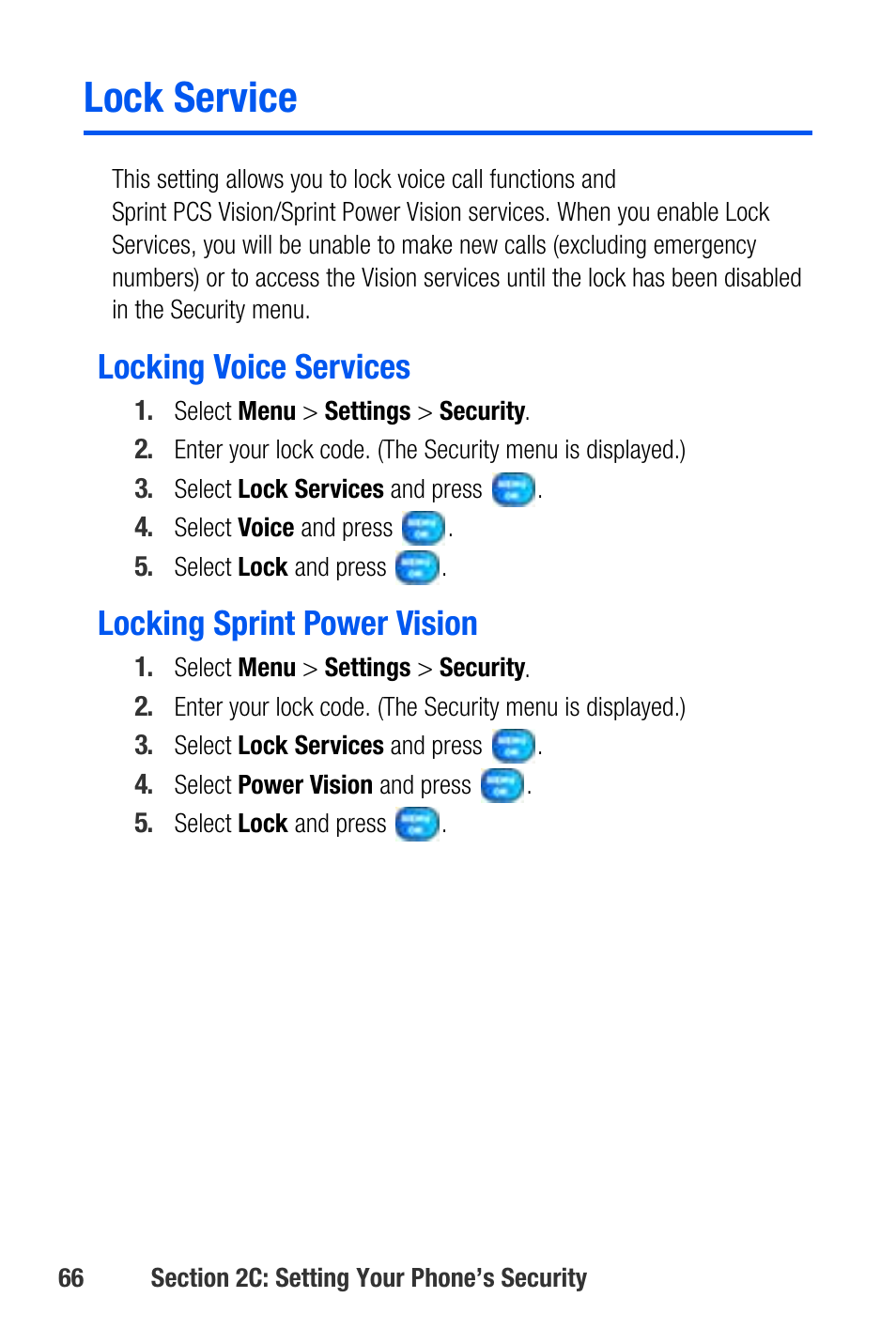 Lock service, Locking voice services, Locking sprint power vision | Samsung SEPA920WSAQST User Manual | Page 88 / 246