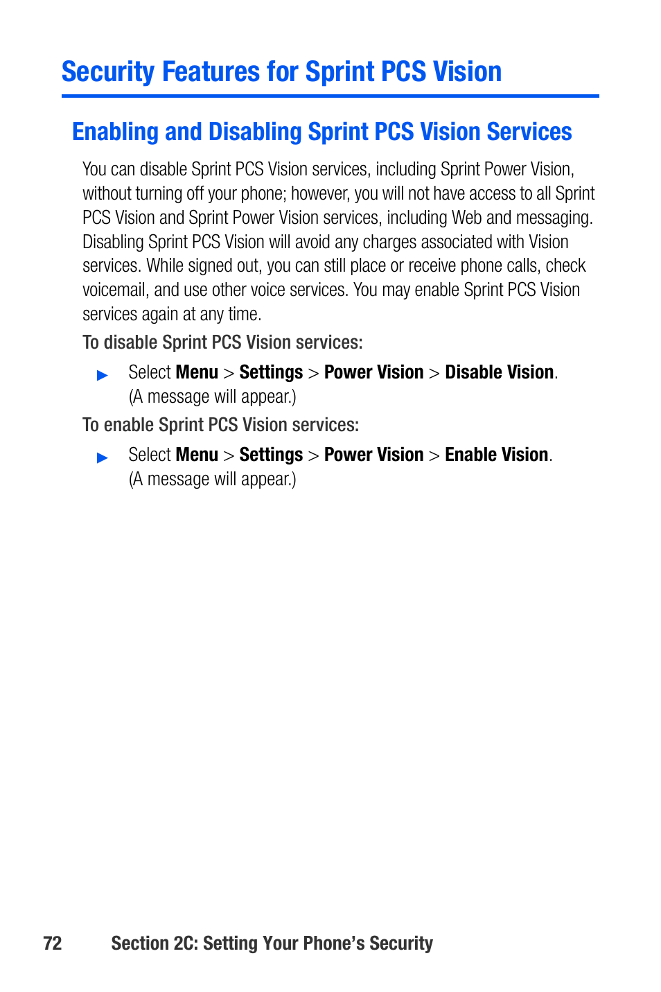 Security features for sprint pcs vision, Enabling and disabling sprint pcs vision services | Samsung SEPA920WSAQST User Manual | Page 94 / 246