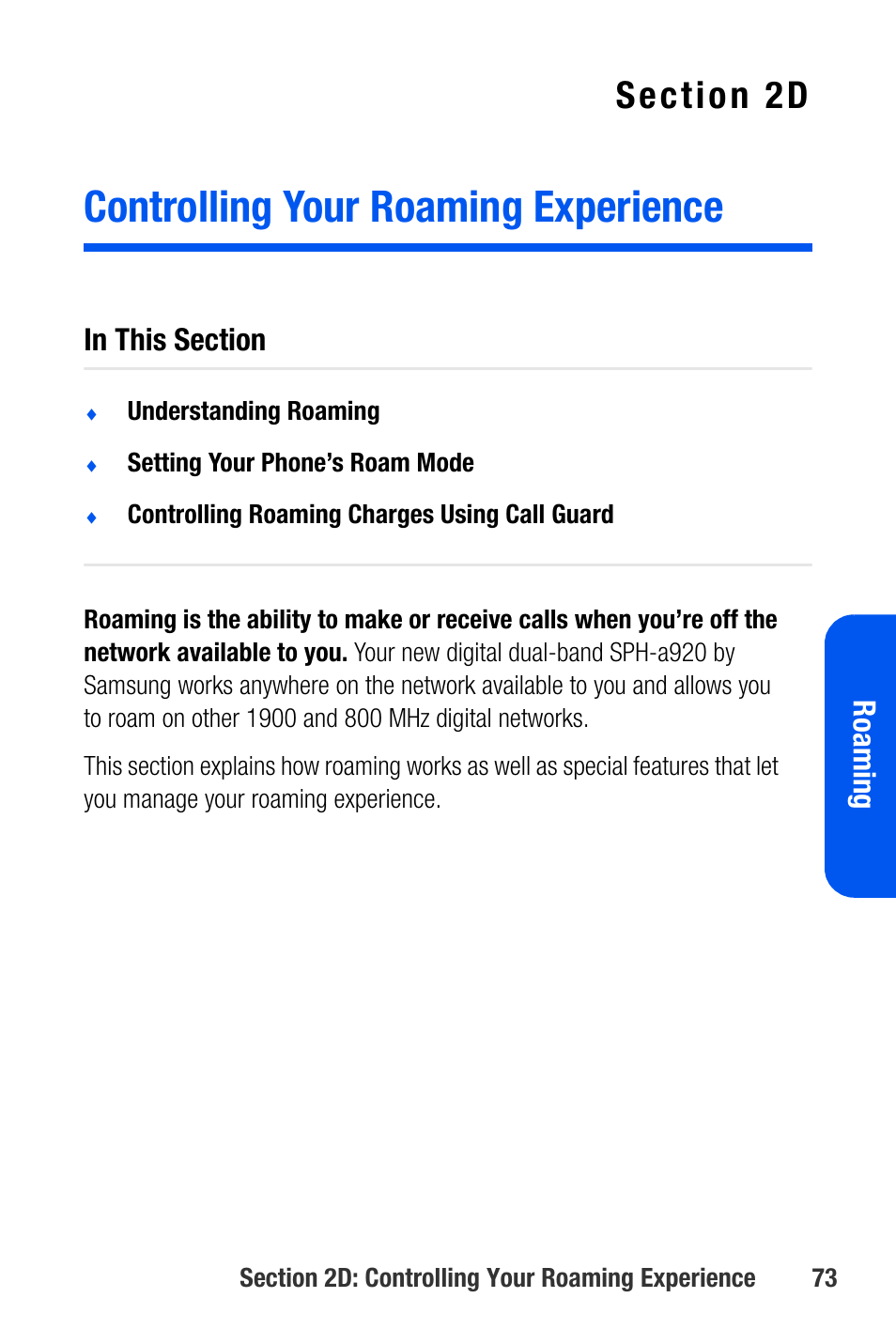 Controlling your roaming experience, 2d. controlling your roaming experience, Roaming | Samsung SEPA920WSAQST User Manual | Page 95 / 246