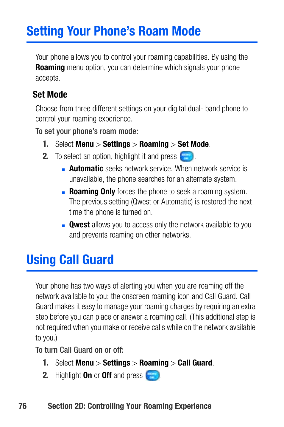 Setting your phone’s roam mode, Using call guard, See “using call | Samsung SEPA920WSAQST User Manual | Page 98 / 246