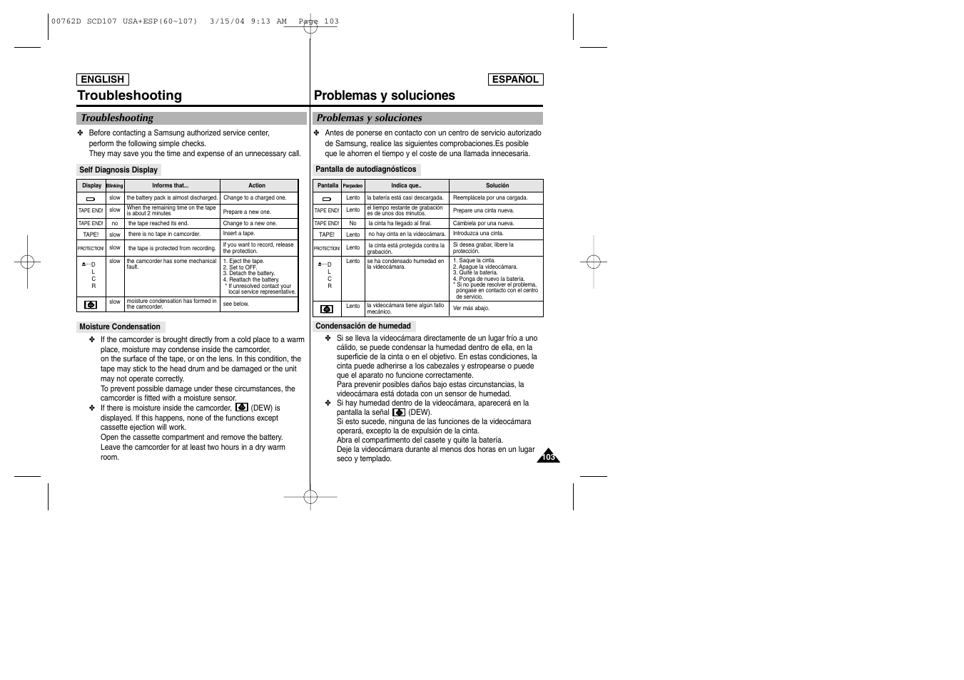 Problemas y soluciones troubleshooting | Samsung SC-D107-XAP User Manual | Page 103 / 108