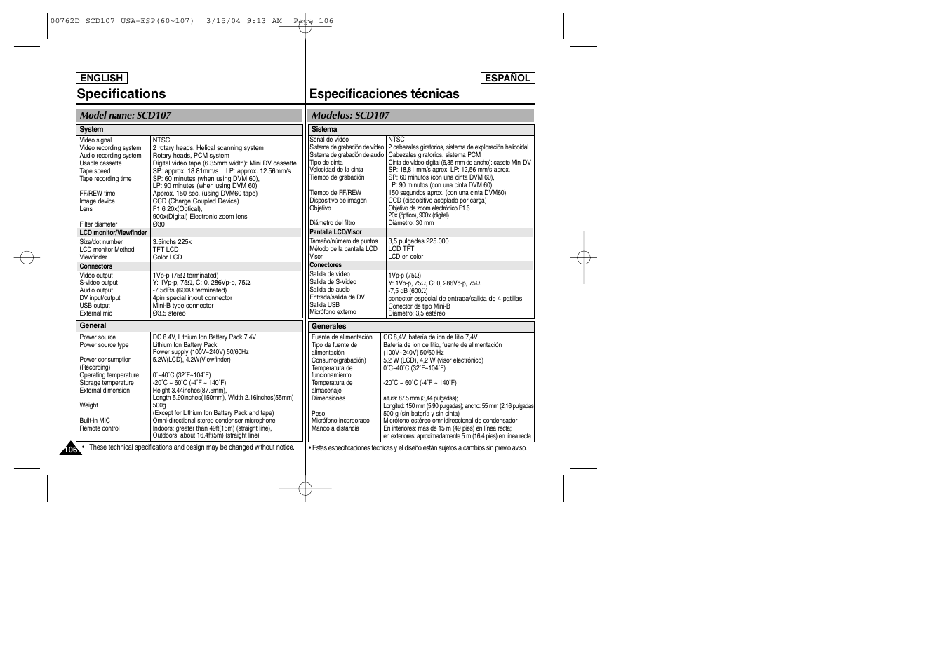 Especificaciones técnicas specifications | Samsung SC-D107-XAP User Manual | Page 106 / 108