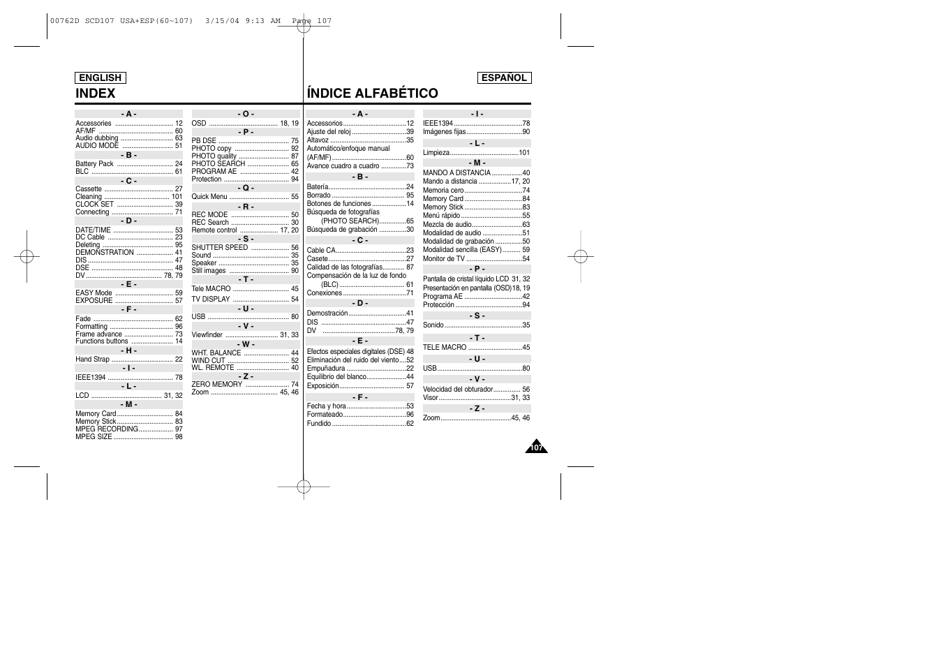 Índice alfabético index | Samsung SC-D107-XAP User Manual | Page 107 / 108