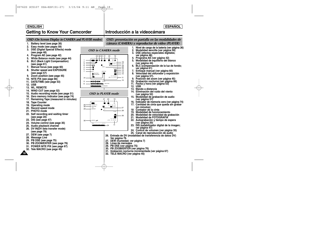 Osd (on screen display in camera and player modes) | Samsung SC-D107-XAP User Manual | Page 18 / 108