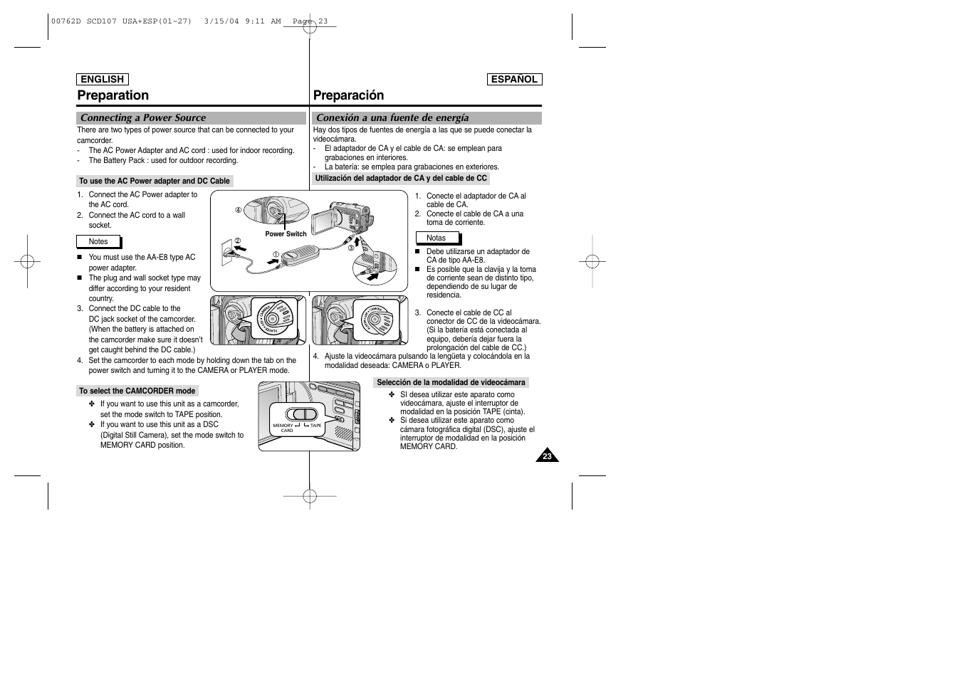 Preparación preparation | Samsung SC-D107-XAP User Manual | Page 23 / 108