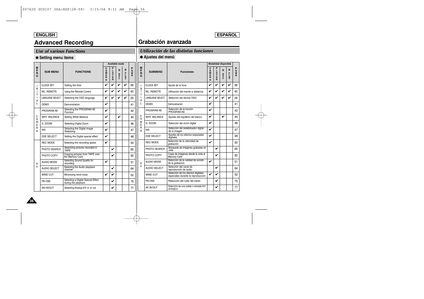 Advanced recording grabación avanzada, Use of various functions, Utilización de las distintas funciones | Samsung SC-D107-XAP User Manual | Page 36 / 108