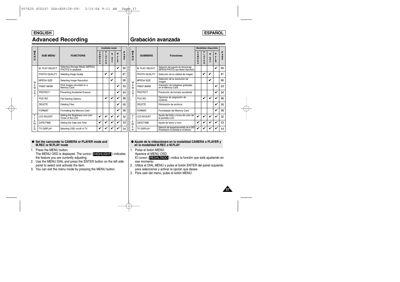 Advanced recording grabación avanzada | Samsung SC-D107-XAP User Manual | Page 37 / 108