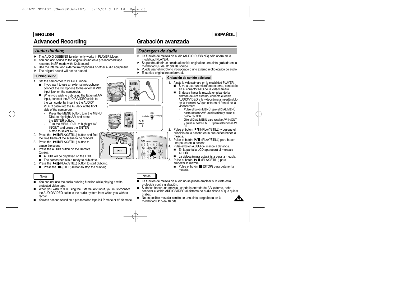 Dv ieee 1394 usb a/v s-video mic, Grabación avanzada advanced recording | Samsung SC-D107-XAP User Manual | Page 63 / 108