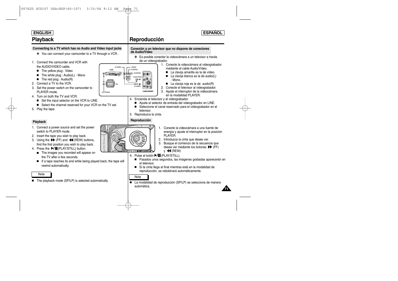 Dv ieee 1394 usb a/v s-video mic, Reproducción playback | Samsung SC-D107-XAP User Manual | Page 71 / 108