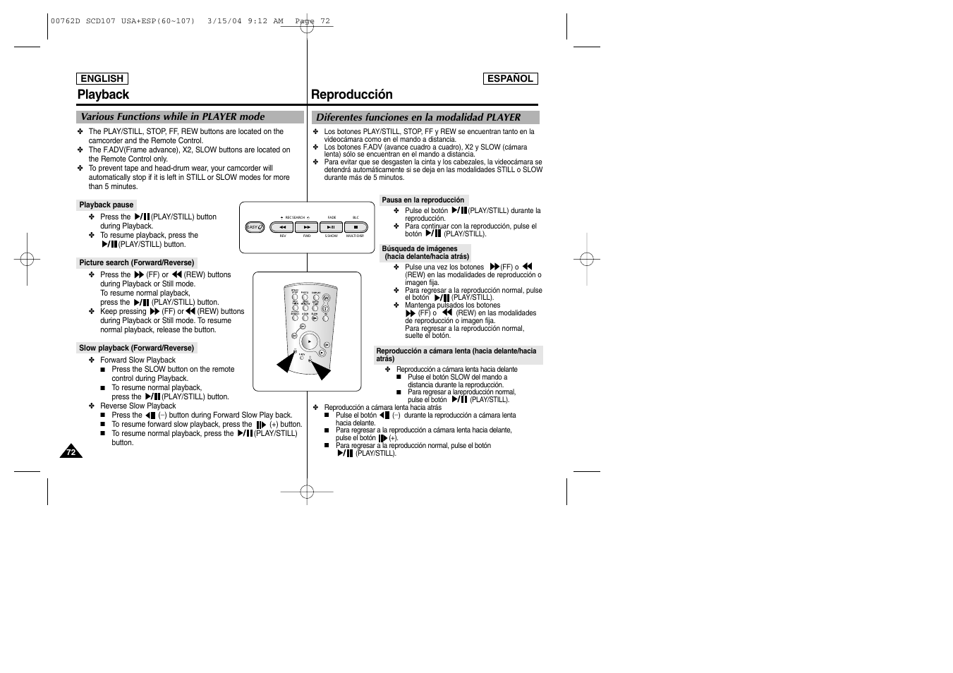 Reproducción playback | Samsung SC-D107-XAP User Manual | Page 72 / 108