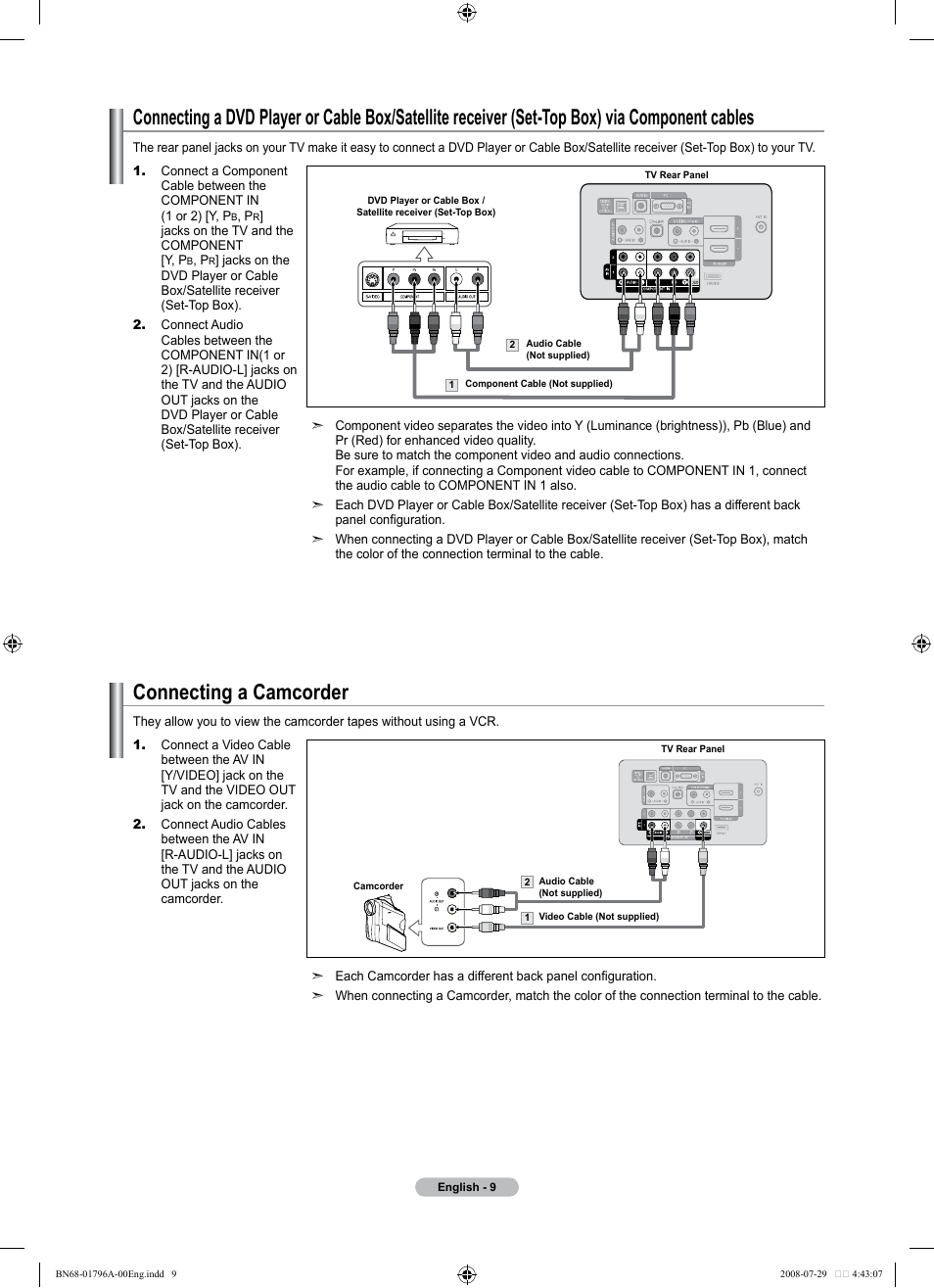 Connecting a camcorder | Samsung LN40A500T1FXZA User Manual | Page 11 / 85