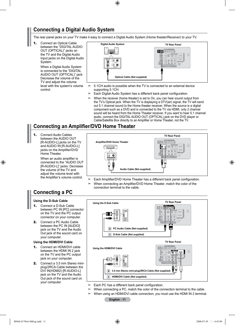 Connecting a digital audio system, Connecting an amplifier/dvd home theater, Connecting a pc | Samsung LN40A500T1FXZA User Manual | Page 13 / 85