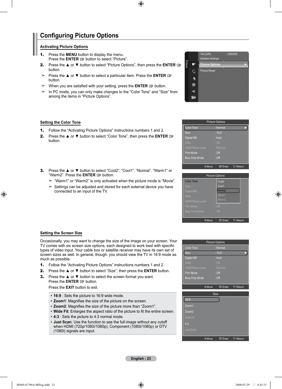 Configuring picture options | Samsung LN40A500T1FXZA User Manual | Page 25 / 85