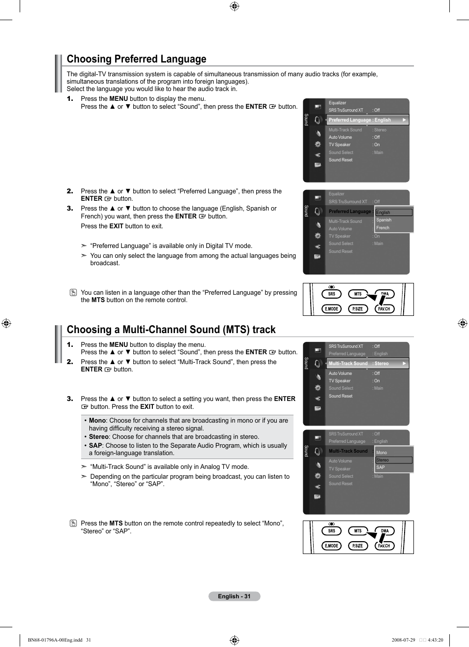 Choosing preferred language, Choosing a multi-channel sound (mts) track | Samsung LN40A500T1FXZA User Manual | Page 33 / 85