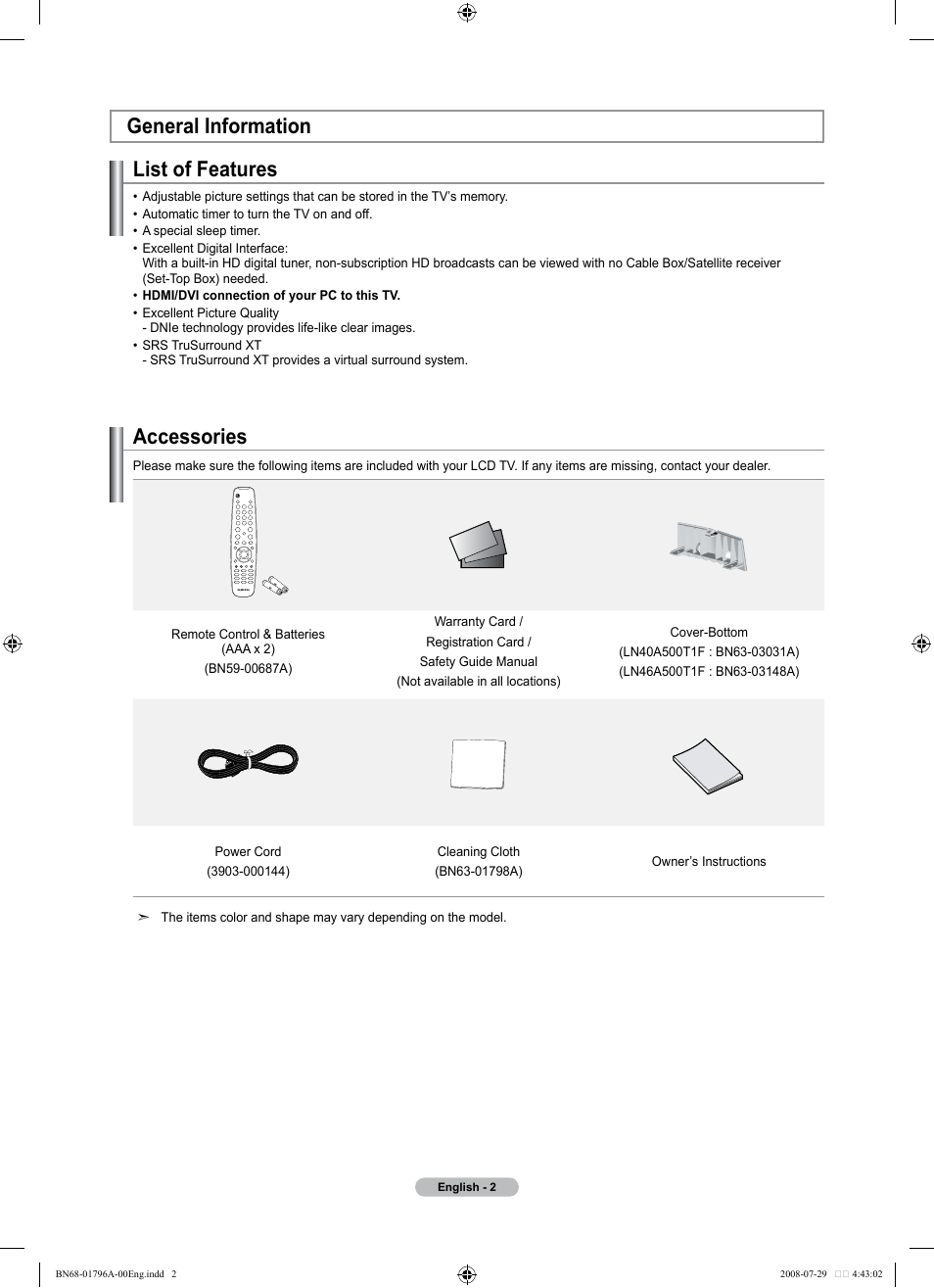 General information, List of features, Accessories | Samsung LN40A500T1FXZA User Manual | Page 4 / 85