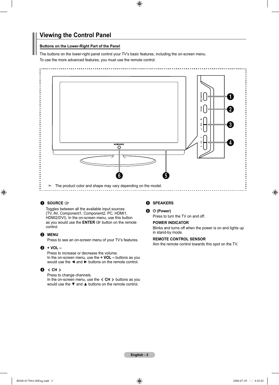 Viewing the control panel | Samsung LN40A500T1FXZA User Manual | Page 5 / 85