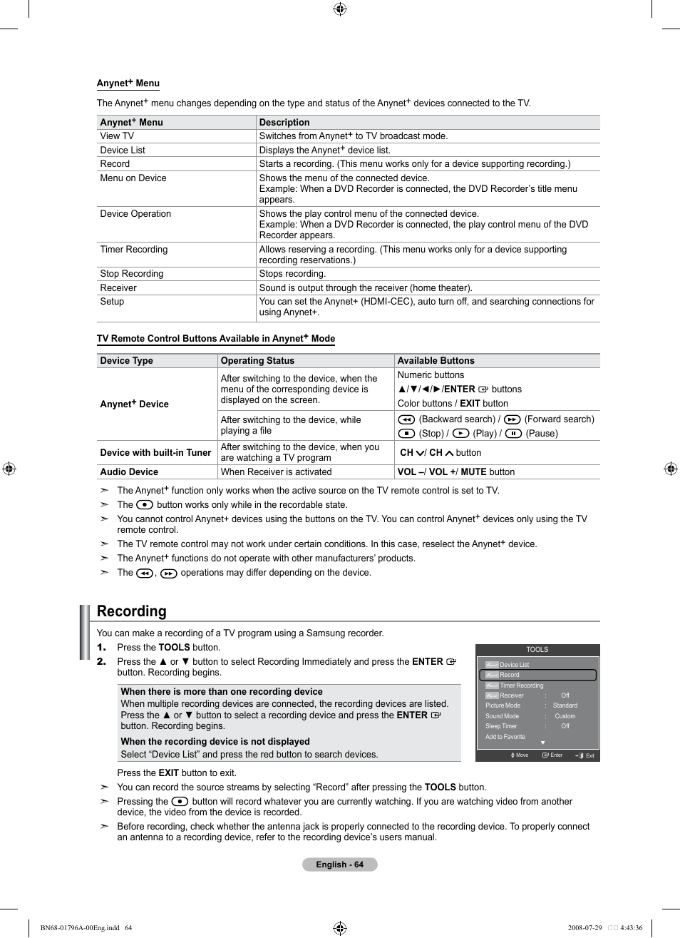 Recording | Samsung LN40A500T1FXZA User Manual | Page 66 / 85