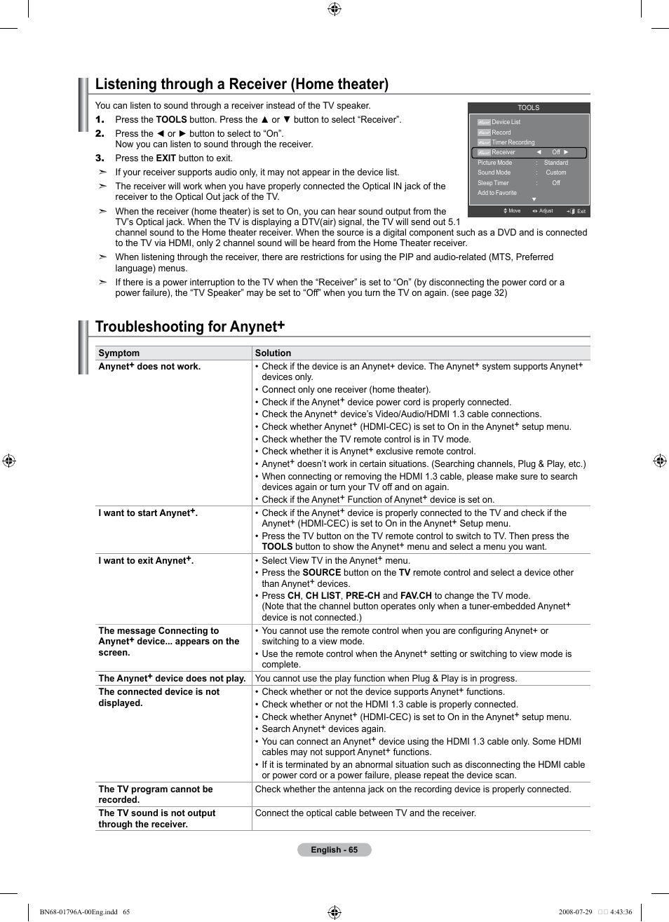 Listening through a receiver (home theater), Troubleshooting for anynet | Samsung LN40A500T1FXZA User Manual | Page 67 / 85