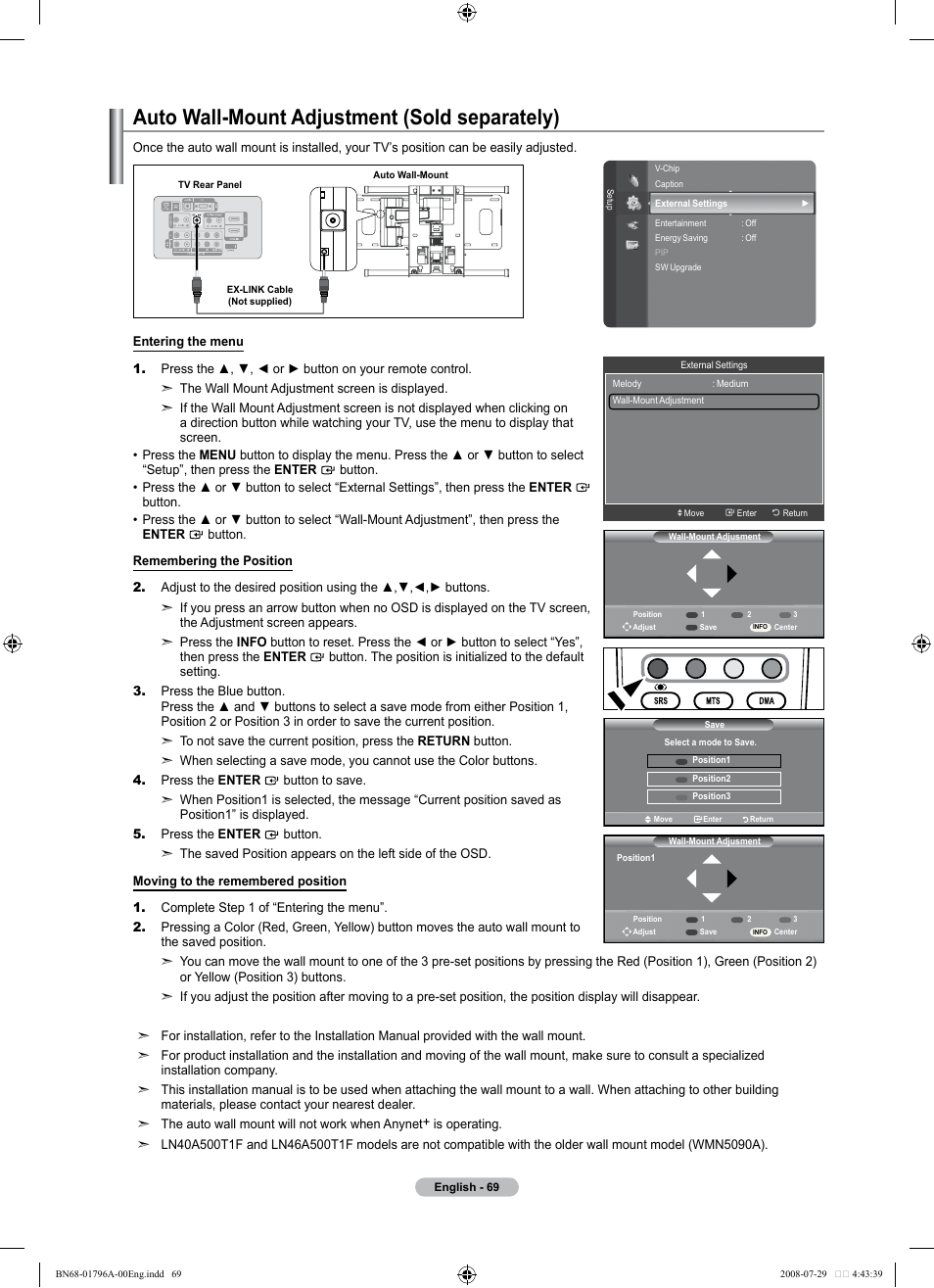 Auto wall-mount adjustment (sold separately) | Samsung LN40A500T1FXZA User Manual | Page 71 / 85