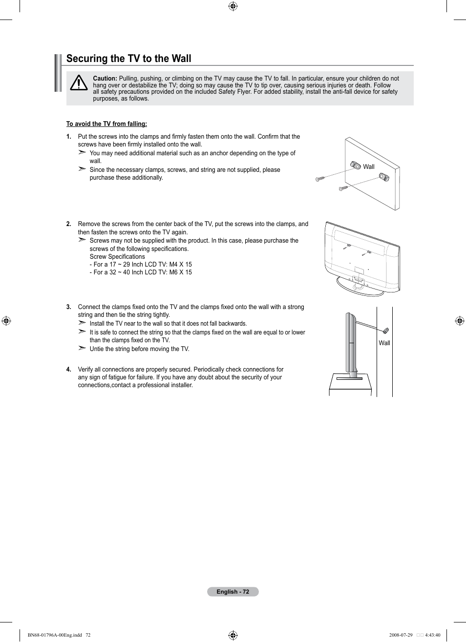 Securing the tv to the wall, 경고 주의 경고 주의 | Samsung LN40A500T1FXZA User Manual | Page 74 / 85