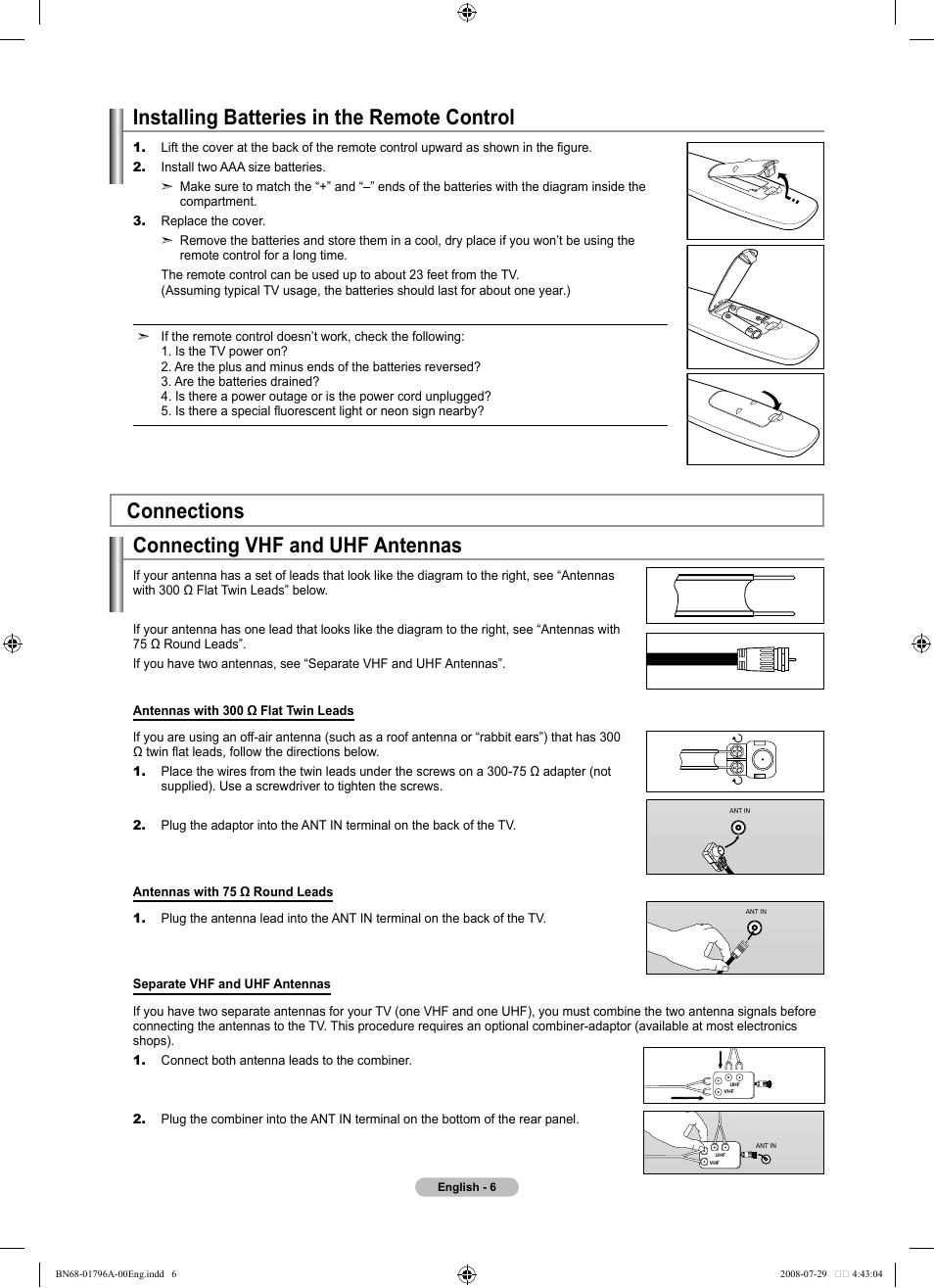 Connections, Installing batteries in the remote control, Connecting vhf and uhf antennas | Samsung LN40A500T1FXZA User Manual | Page 8 / 85