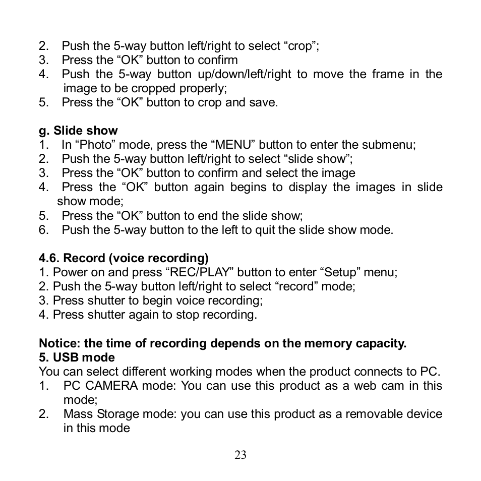 Record, Voice recording, Usb mode | Argus Camera Argus DV 5470 User Manual | Page 24 / 38