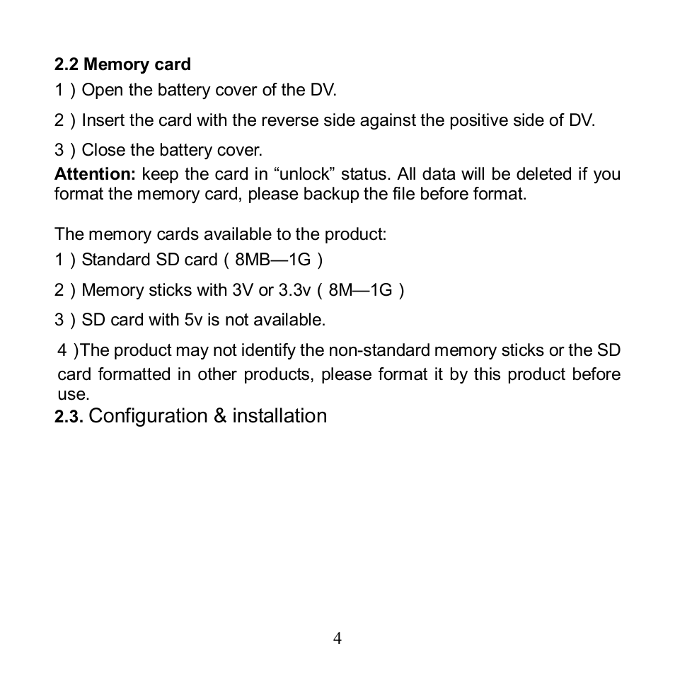 Memory card, Configuration, Installation | Configuration & installation | Argus Camera Argus DV 5470 User Manual | Page 5 / 38