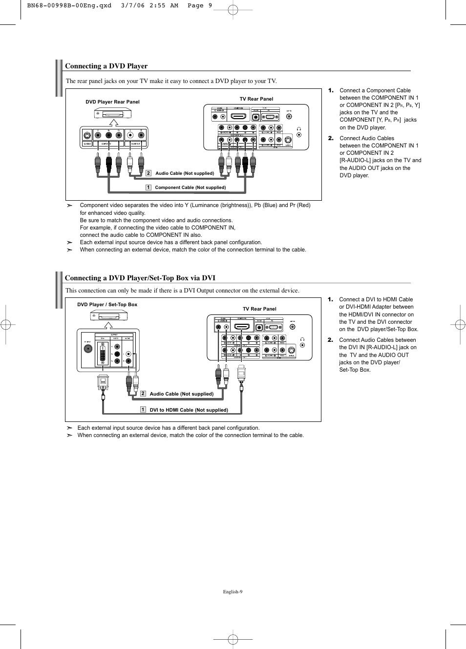 Connecting a dvd player, Connecting a dvd player/set-top box via dvi | Samsung LNS2352WX-XAA User Manual | Page 11 / 77