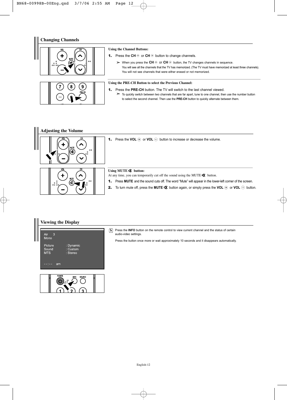 Changing channels, Adjusting the volume, Viewing the display | Samsung LNS2352WX-XAA User Manual | Page 14 / 77
