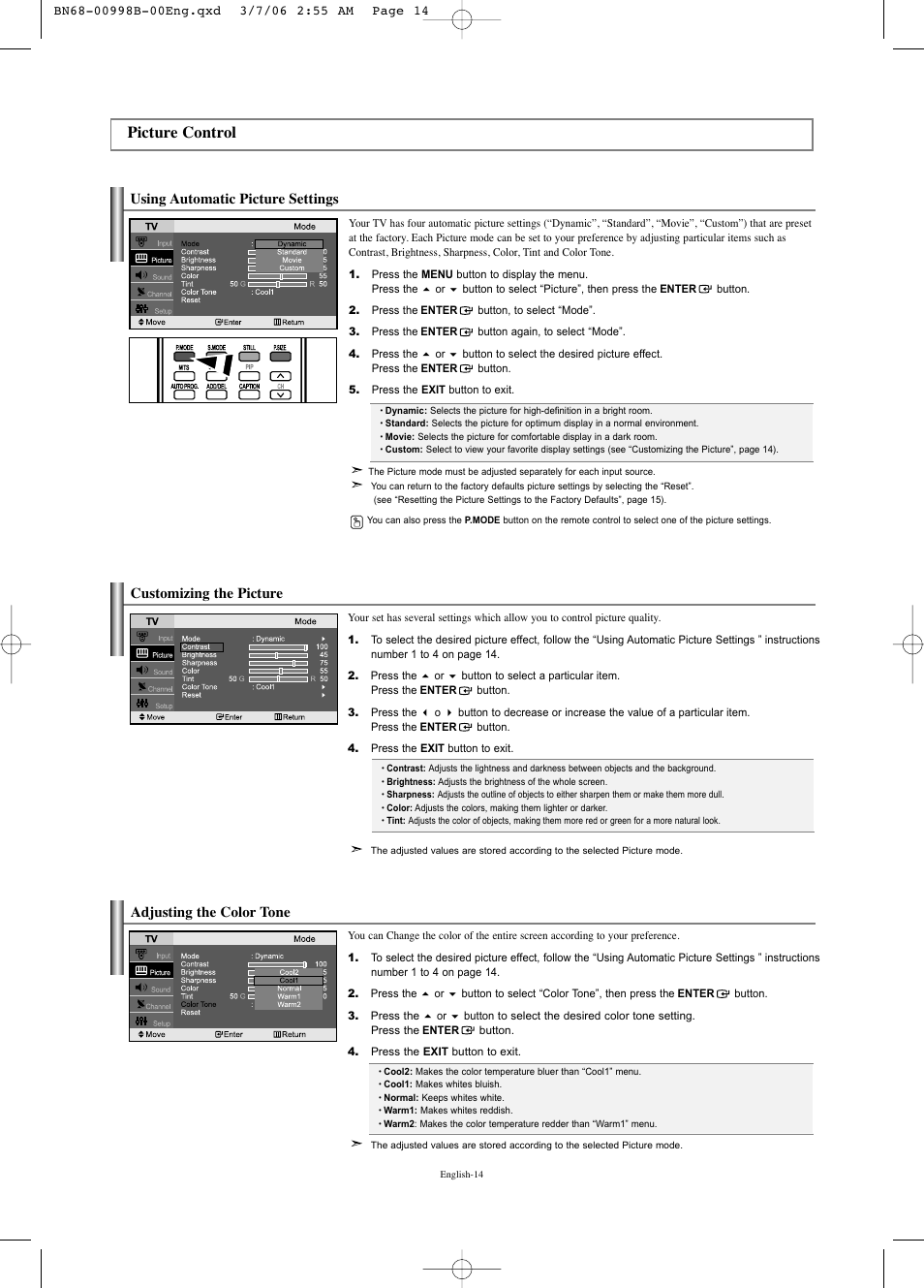 Picture control, Using automatic picture settings, Customizing the picture | Adjusting the color tone | Samsung LNS2352WX-XAA User Manual | Page 16 / 77