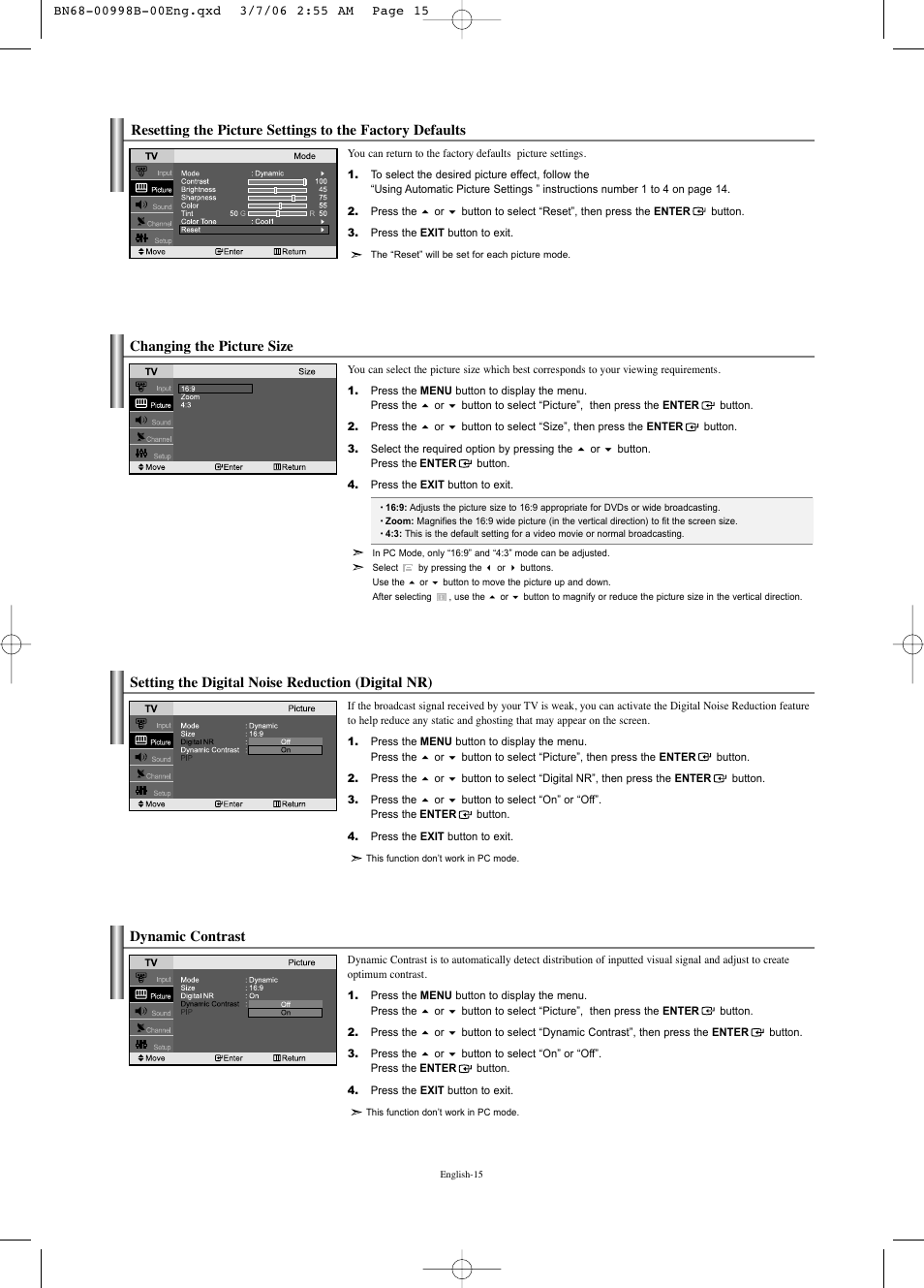 Changing the picture size, Setting the digital noise reduction (digital nr), Dynamic contrast | Samsung LNS2352WX-XAA User Manual | Page 17 / 77