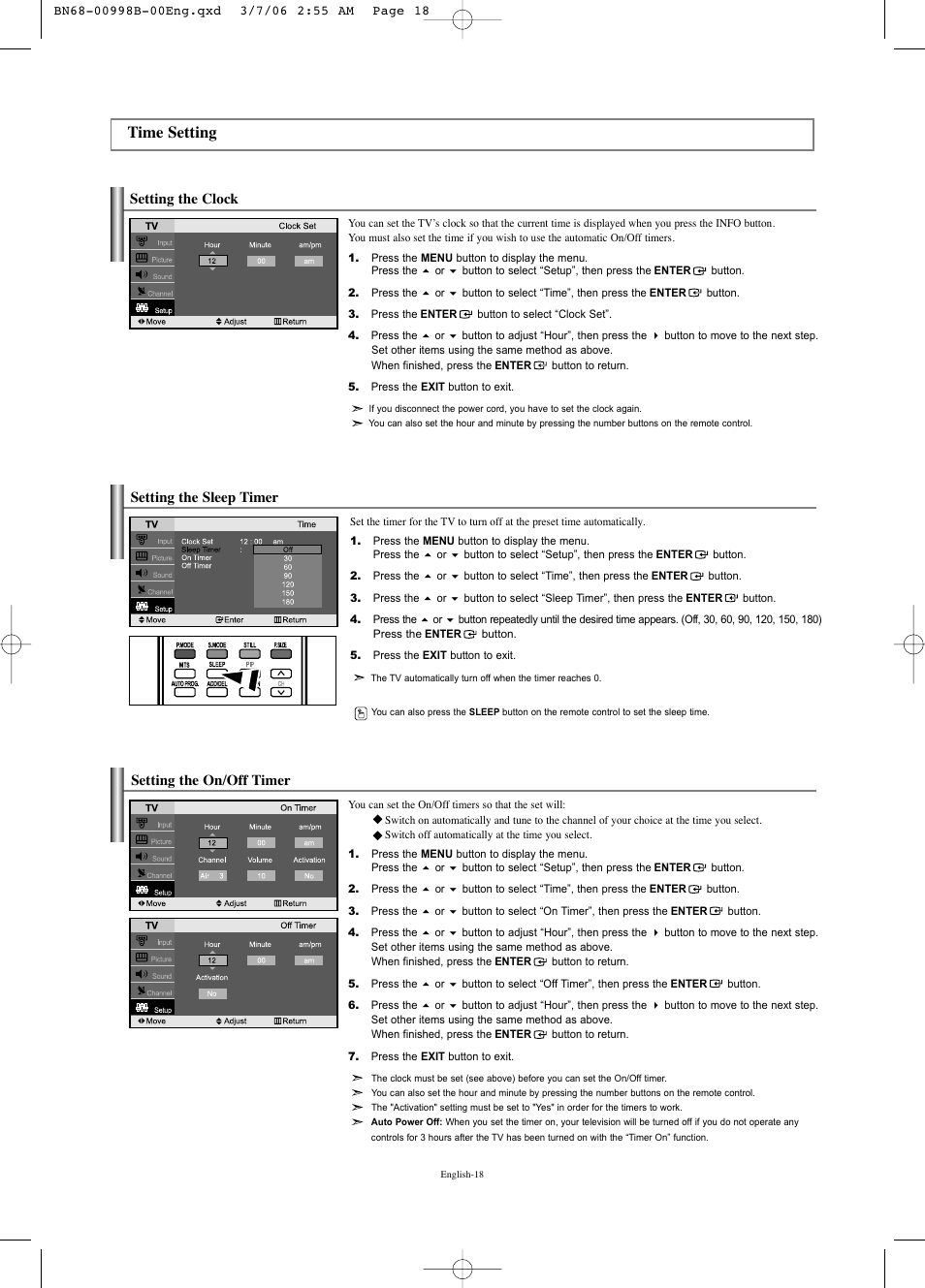 Time setting, Setting the clock, Setting the sleep timer | Setting the on/off timer, Setting the sleep timer setting the on/off timer | Samsung LNS2352WX-XAA User Manual | Page 20 / 77