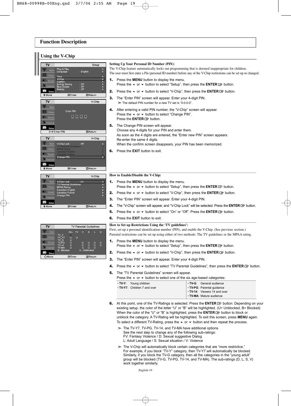 Function description, Using the v-chip | Samsung LNS2352WX-XAA User Manual | Page 21 / 77