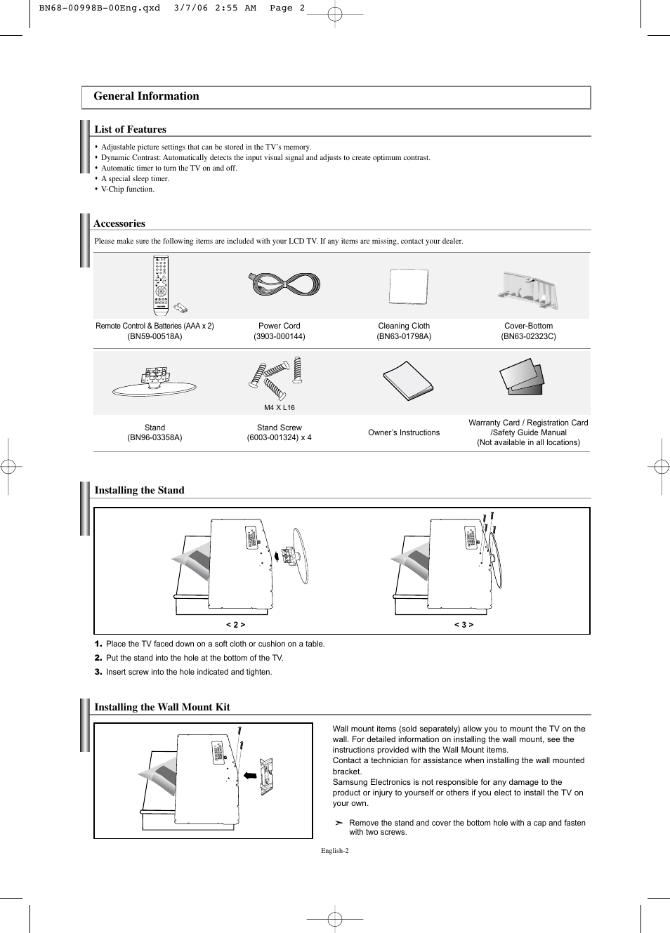 General information, List of features, Accessories | Installing the stand, Installing the wall mount kit | Samsung LNS2352WX-XAA User Manual | Page 4 / 77