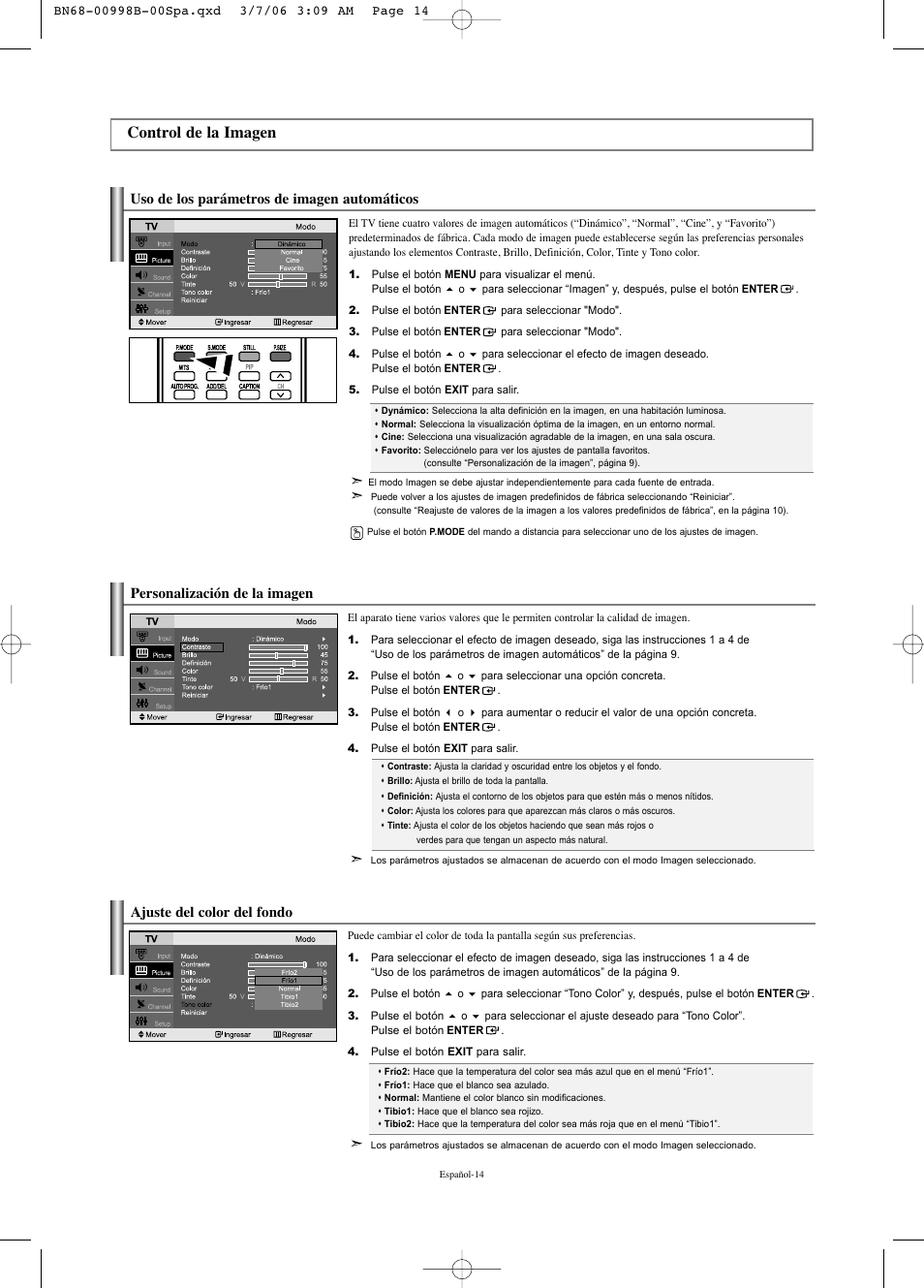Control de la imagen, Uso de los parámetros de imagen automáticos, Ajuste del color del fondo | Personalización de la imagen | Samsung LNS2352WX-XAA User Manual | Page 41 / 77