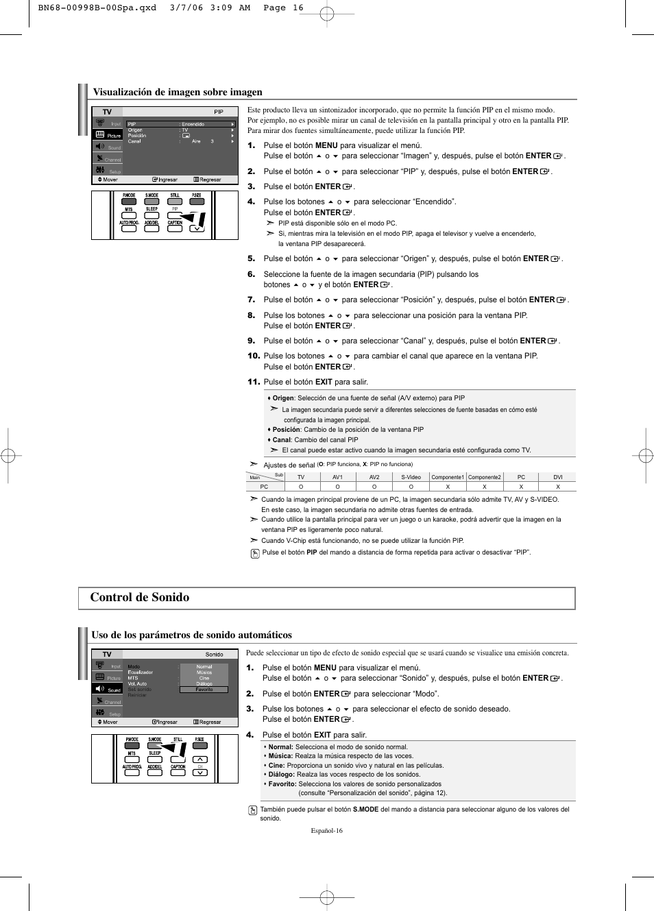 Control de sonido, Visualización de imagen sobre imagen, Uso de los parámetros de sonido automáticos | Samsung LNS2352WX-XAA User Manual | Page 43 / 77