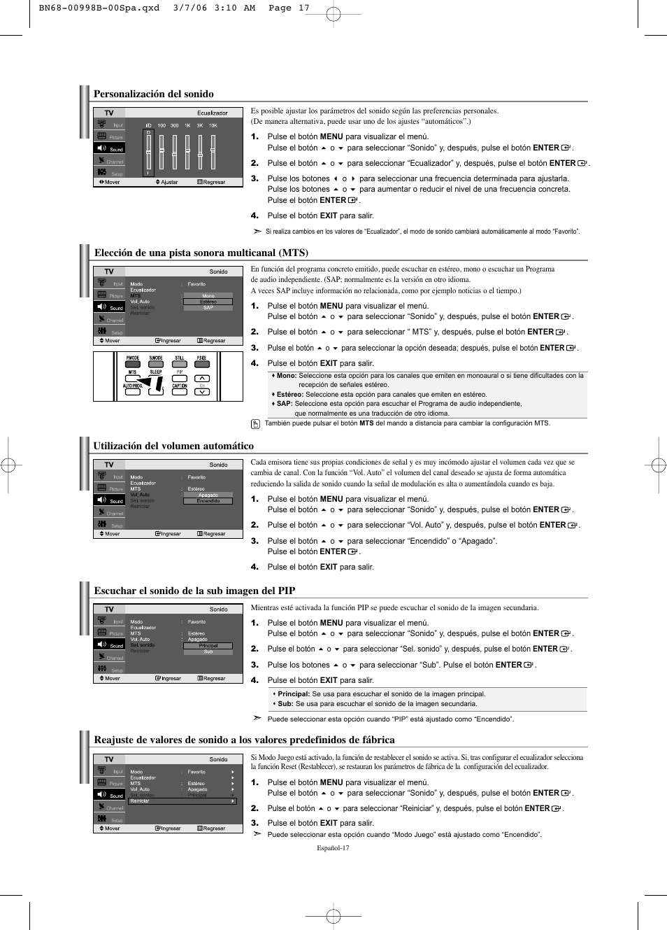Elección de una pista sonora multicanal (mts), Utilización del volumen automático, Escuchar el sonido de la sub imagen del pip | Personalización del sonido | Samsung LNS2352WX-XAA User Manual | Page 44 / 77