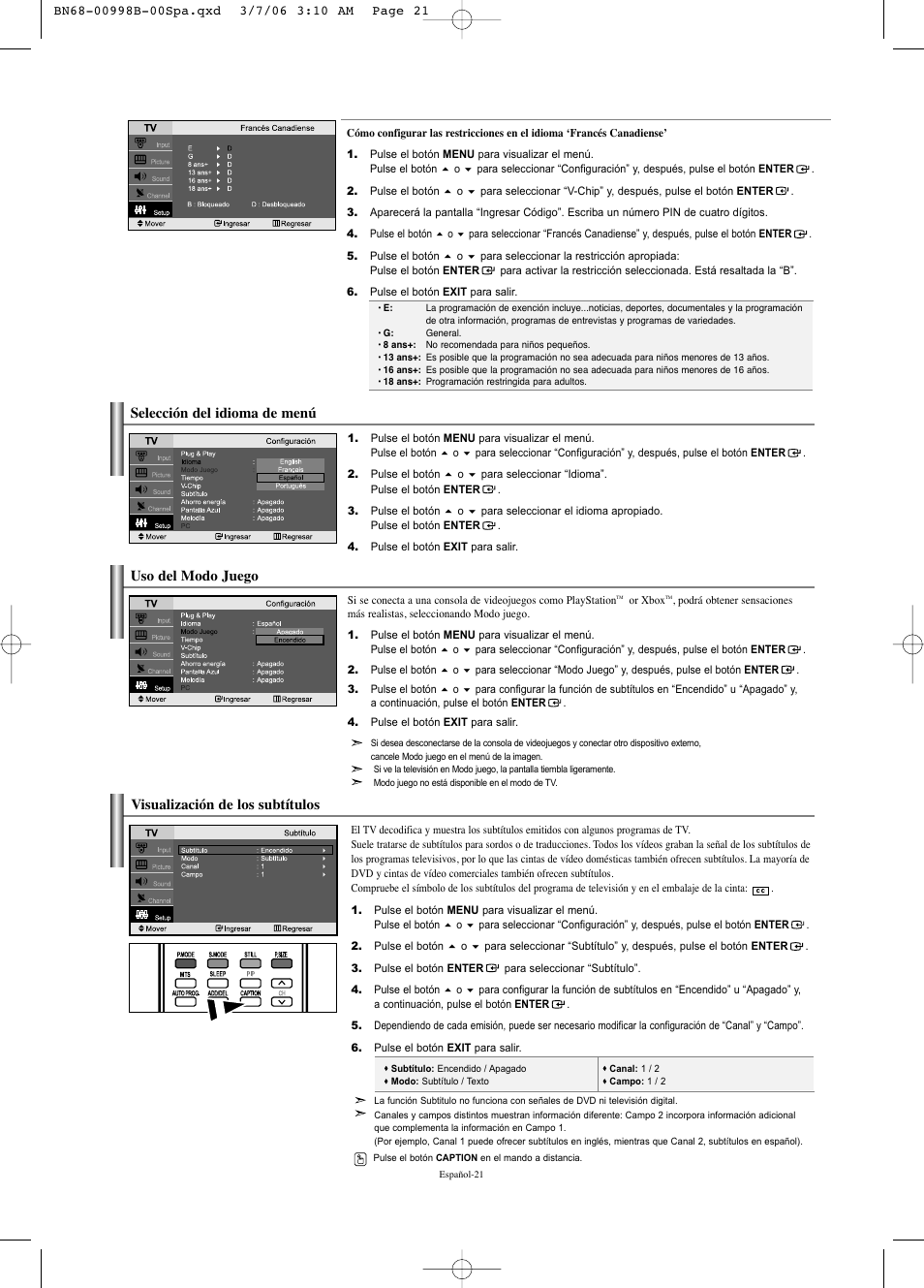 Visualización de los subtítulos, Selección del idioma de menú, Uso del modo juego | Samsung LNS2352WX-XAA User Manual | Page 48 / 77