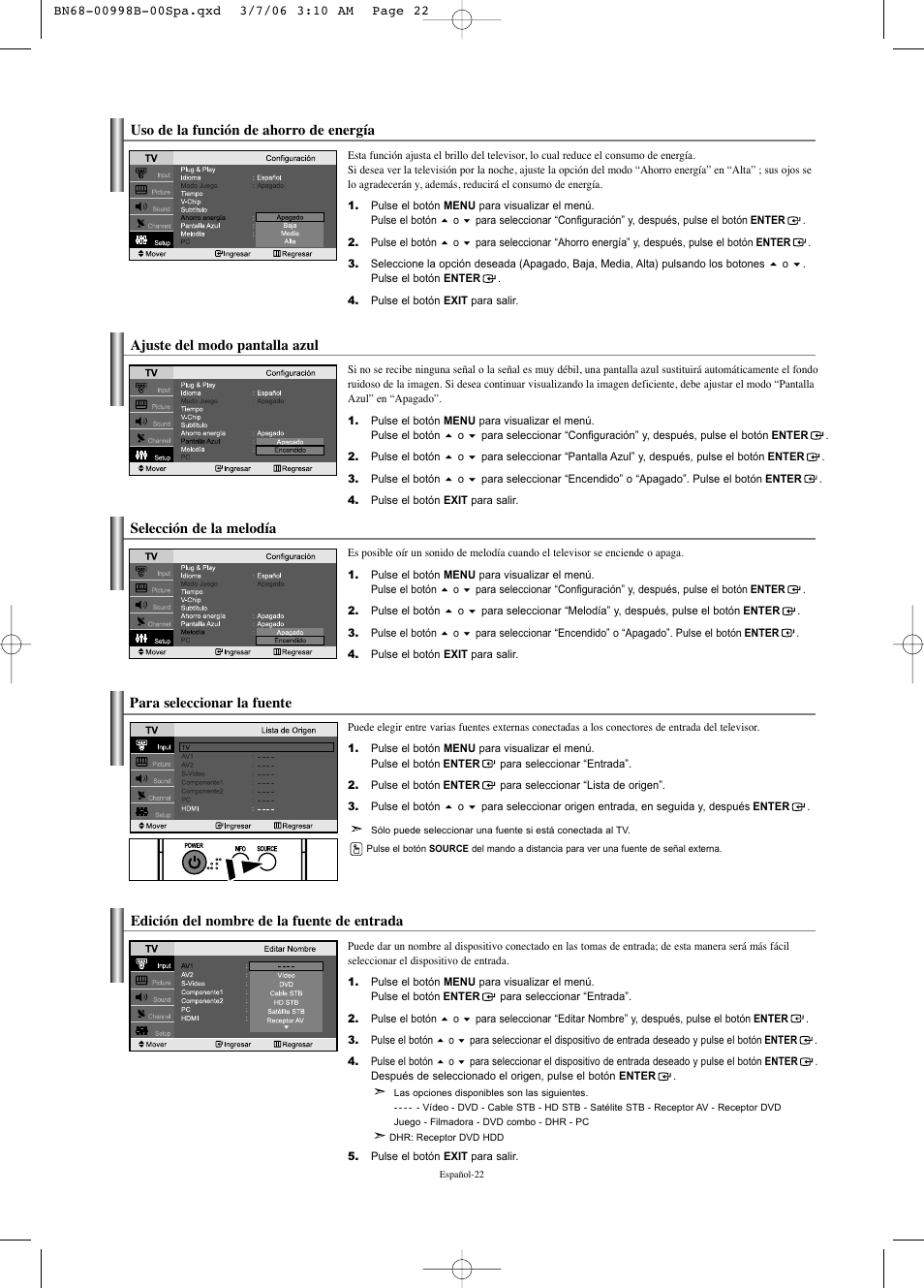 Uso de la función de ahorro de energía, Para seleccionar la fuente, Edición del nombre de la fuente de entrada | Ajuste del modo pantalla azul, Selección de la melodía | Samsung LNS2352WX-XAA User Manual | Page 49 / 77